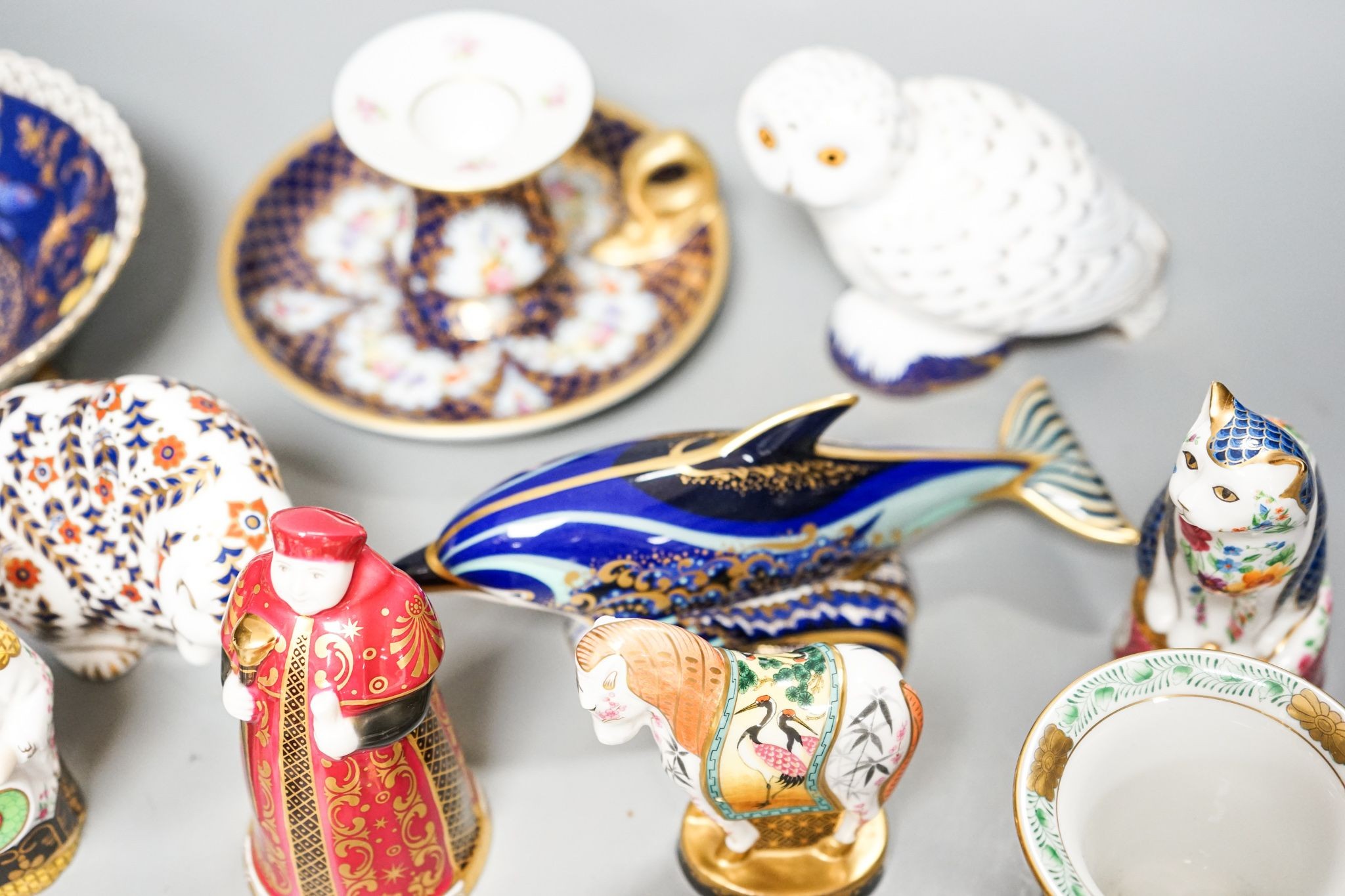 Royal Worcester and other ceramic ornaments including nun candle extinguisher, three Royal Crown Derby paperweights and Herend. Boxes included